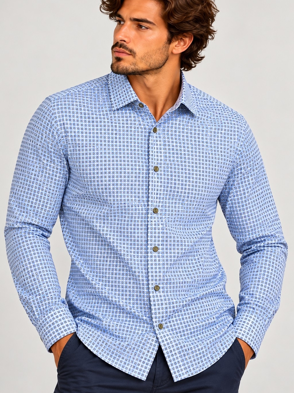 Bugatchi Light Blue & Navy Geometric Men's Dress Shirt